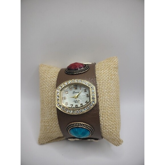 Vintage Geneva Wristwatch Watch Band Wrap Brown Beaded Crystals New Battery main image 16
